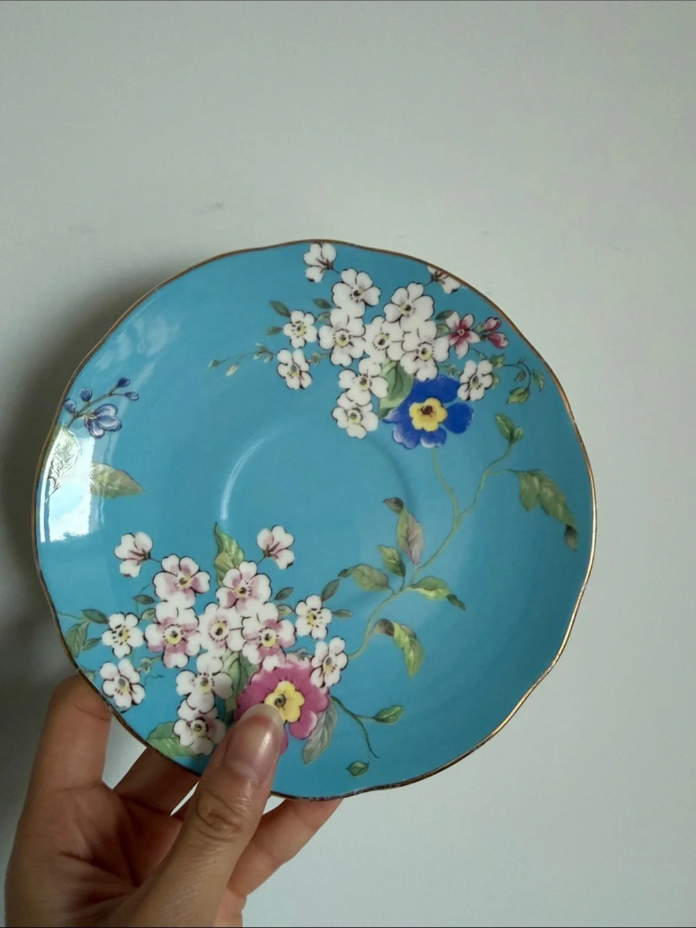 Wedgwood Turquoise Floral Bone China Teacup and Saucer with Gold Trim Never used